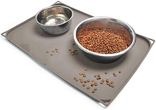  Gosmol Dog Food Mat 24 X 16 Inch, 0.5 Inch Raised Edge Waterproof Pet Dog Food Tray, Washable Dog Bowl Mat, Nonslip Pet Dog Feeding Mat, Silicone Dog Placemat For Floors