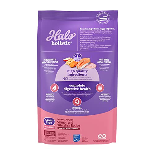  Halo Holistic Dog Food, Complete Digestive Health Wild-Caught Salmon And Whitefish Recipe, Dry Dog Food Bag, Small Breed Formula, 3.5-lb Bag