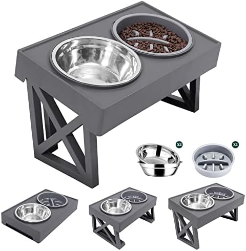  MDEHOPET Elevated Dog Bowls For Large Dogs, 3 Adjustable Heights Raised Pet Bowl Stand Feeder With Slow Feeder Bowl 2 Stainless Steel Food & Water Bowls For For Small Medium Large Dogs And Pets