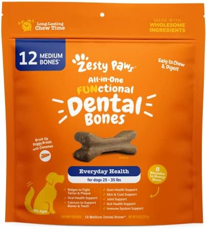  Zesty Paws Dental Bones For Large Dogs - Fights Tartar & Plaque - Gum, Teeth & Bone Health - Cinnamon For Dog Breath - Immune, Joint, Gut, Skin & Coat Support - Omega 3 EPA & DHA And Calcium - 8 Ct
