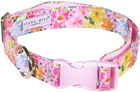  Steel Mill & Co Adjustable Dog Collar With Quick Release Buckle, Heavy Duty Canvas, Cute Floral Dog Collars For Medium And Large Dogs, Summer Garden