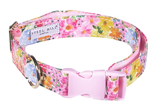  Steel Mill & Co Adjustable Dog Collar With Quick Release Buckle, Heavy Duty Canvas, Cute Floral Dog Collars For Medium And Large Dogs, Summer Garden