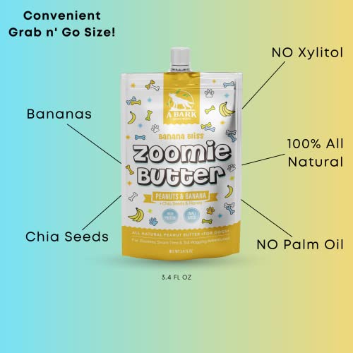  Zoomie Butter Banana Bliss Squeeze Packs - 100% All Natural Dog Peanut Butter (Convenient, Grab N' Go Size, Mess Free, Travel Friendly) Toy Filler, Slow Feeder, Lick Mats, Dog Treat, Pack Of 3