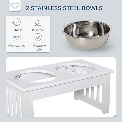  PawHut 17" Small Puppy Dog Feeding Station For Messy Pets, Stainless Steel Elevated Dog Bowls With Modern Wooden Frame, Dog Food Stand Pet Feeding Station, White