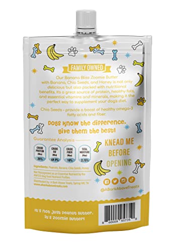  Zoomie Butter Banana Bliss Squeeze Packs - 100% All Natural Dog Peanut Butter (Convenient, Grab N' Go Size, Mess Free, Travel Friendly) Toy Filler, Slow Feeder, Lick Mats, Dog Treat, Pack Of 3