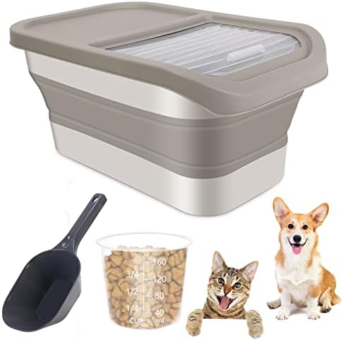  Collapsible 13LB Dog Food Storage Container With Transparent Sliding Lid,Pet Moisture-Proof Folding Rice Plastic Bin With Measuring Cup And Scoop Suitable For Storing Oat Millet Macaroni Corn（Khaki）