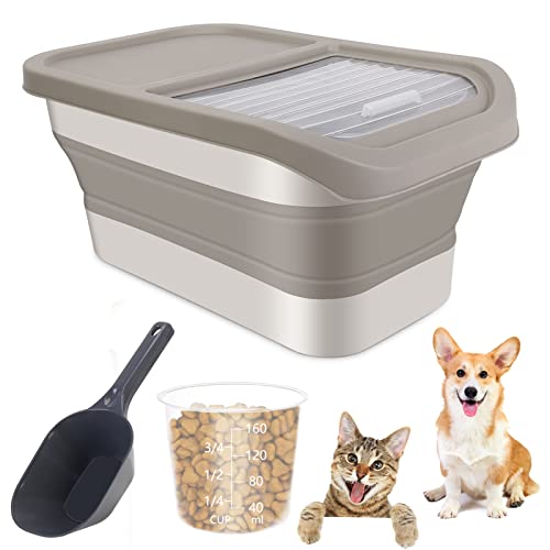  Collapsible 13LB Dog Food Storage Container With Transparent Sliding Lid,Pet Moisture-Proof Folding Rice Plastic Bin With Measuring Cup And Scoop Suitable For Storing Oat Millet Macaroni Corn（Khaki）
