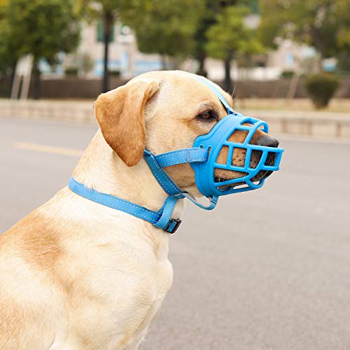  Dog Muzzle, Soft Silicone Basket Muzzle For Dogs, Allows Panting And Drinking, Prevents Unwanted Barking Biting And Chewing, Included Collar And Training Guide