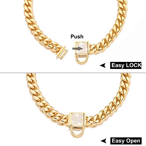  PRADOG Gold Chain Dog Collar With Zirconia Buckle Stainless Steel Chain Collars Cuban Link Dog Collar Designer Bling Puppy Necklace (10mm, 18")
