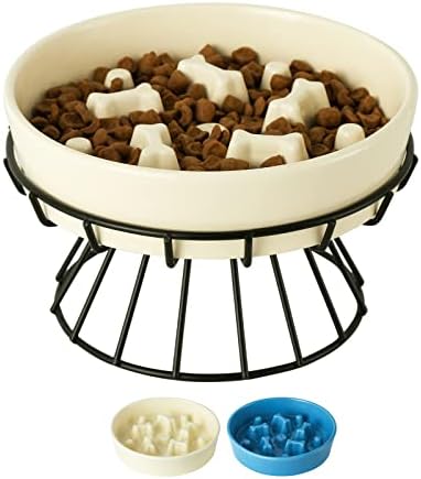  8.25'' Ceramic Slow Dog Bowl With Elevated Metal Stand, 1.75 Cups Non-Slip Puzzle Raised Dog Bowl Feeder, Slow Down Eating Anti-Choking Food Bowl Dish For Small And Medium & Large Dogs - Beige Color