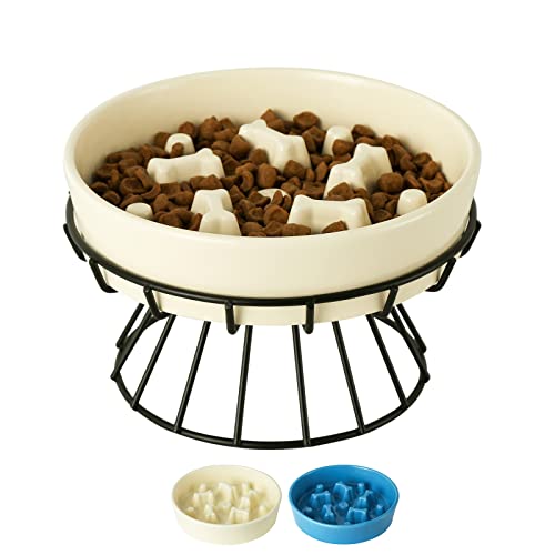  8.25'' Ceramic Slow Dog Bowl With Elevated Metal Stand, 1.75 Cups Non-Slip Puzzle Raised Dog Bowl Feeder, Slow Down Eating Anti-Choking Food Bowl Dish For Small And Medium & Large Dogs - Beige Color