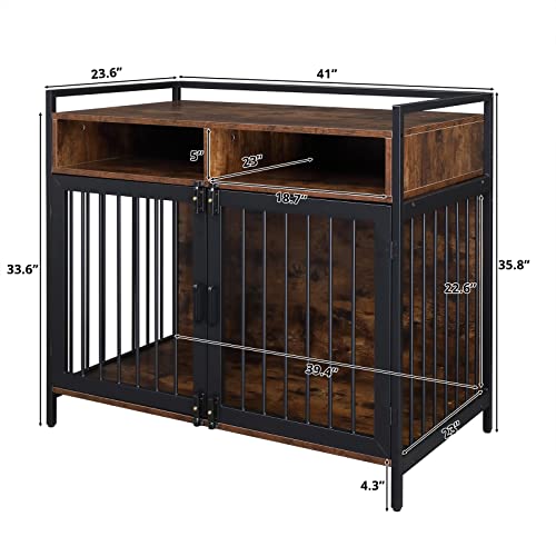  Dog Crate For Large Dogs, Black Furniture Dog Crate, Large Dog Kennel Indoor, Heavy Duty Wood Dog Cage Table With Drawers Storage, Sturdy Metal, Inner Size: 41" L X 23.6" W X 35.8" H