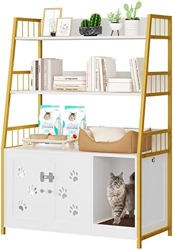  Recaceik Large Cat Litter Box Enclosure With Shelf Storage, Hidden Cat Washroom Furniture, Wooden Cat House With Scratch Pad, Sturdy Indoor Cat Cabinet With 2 Doors, Black
