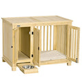 PawHut Wood Dog Crate Furniture With Hidden Food Bowl In Drawer, Dog Crate End Table With Cushion, Double Doors, For Small Dogs Indoor Use, Natural