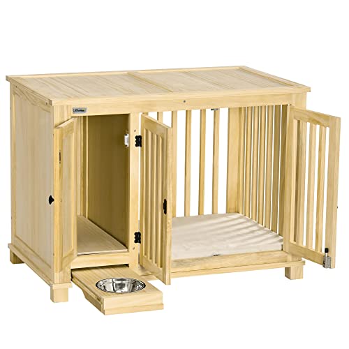  PawHut Wood Dog Crate Furniture With Hidden Food Bowl In Drawer, Dog Crate End Table With Cushion, Double Doors, For Small Dogs Indoor Use, Natural