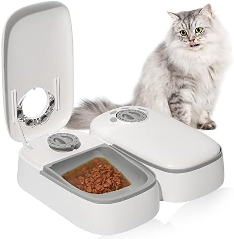  PeTnessGO Automatic 2 Meals Cat Feeder, Pet Feeder With Programmable Timer, LED Display, Power Saving Mode, Dishwasher-Safe Tray Feeds Wet Or Dry Food, Dispenser For Cat And Dog, 48-Hour Timed