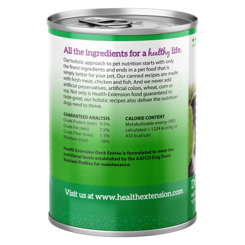  Health Extension Wet Dog Food Canned, Gluten & Grain-Free, Natural Food For All Dogs With Added Vitamins & Mineral, Duck Entree (12.5 Oz / 374 G) (Pack Of 12)