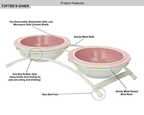  PetRageous 44355 Toftees Paws Diner With Two 1-Cup Dishwasher Safe Stoneware Bowl Capacity 10.75-Inch Length 2.25-Inch Tall For Extra Small And Small Dogs And Cats, White And Pink