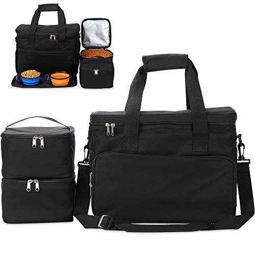  Kundu Cat & Dog Travel Bag - Includes 2 Food Carriers, 2 Bowls & Place Mat - Airline Approved - Black,6 Piece Set,KDU-011
