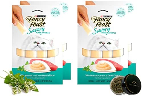  Shadowlish Fancy Feast Savory Purée Naturals In A Demi-Glace - Cat Treats Bundle With A Bonus Shadowlish Reusable Container Of Catnip