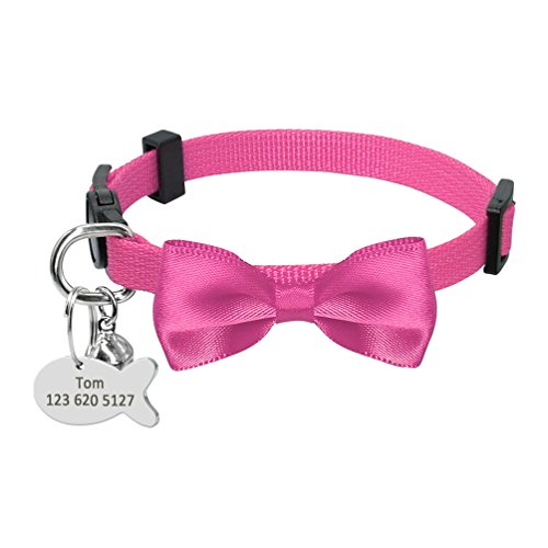  Breakaway Cat Dog Collar Quick Release Safety Kitten Cats Collar With Engraved Fish ID Tag Name Bowknot With Bell Hot Pink XS