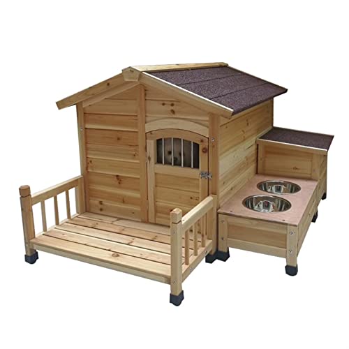  QXWJ Dog House,Wooden Outdoor With Porch Food Bowl Storeroom Pet Log Cabin Style Kennel,Weather Resistant Waterproof Home Pet Furniture,for Small Medium Large Animals