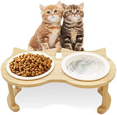  BNOSDM Elevated Ceramic Cat Bowls For Foods Water Raised Kitty Dishes Wooden Stand Tilted Set Weighted Pet Food Dish Orthopedic Anti Vomiting Pet Feeder For Small Cats Puppy