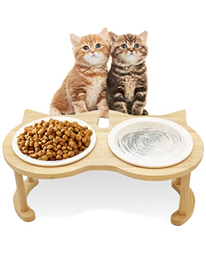  BNOSDM Elevated Ceramic Cat Bowls For Foods Water Raised Kitty Dishes Wooden Stand Tilted Set Weighted Pet Food Dish Orthopedic Anti Vomiting Pet Feeder For Small Cats Puppy