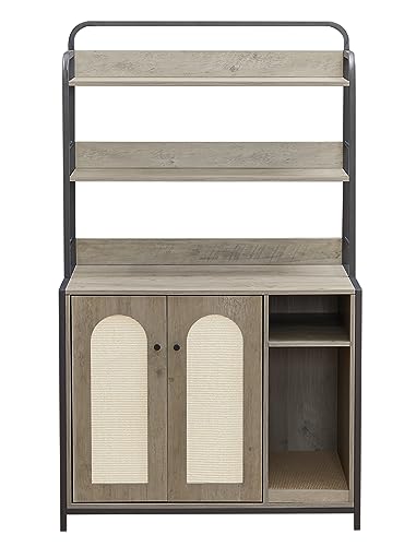  Rustic Brown Large Cat Litter Box Enclosure Furniture - Sturdy Wooden Hidden Cat Washroom With Shelf, Scratch Pad - 37''W X 21.7''D X 63''H