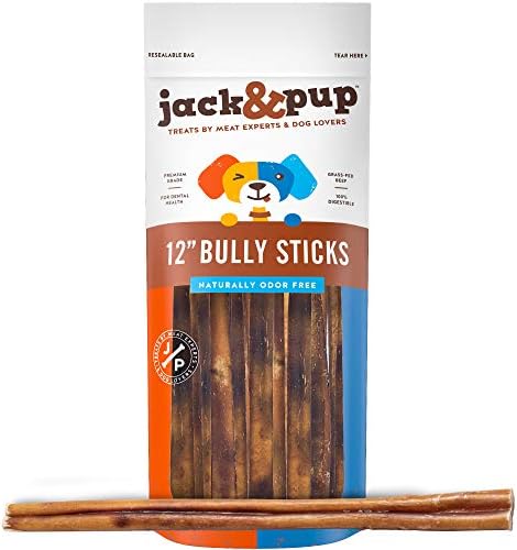  Jack&Pup Thin Dog Bully Sticks Odor Free, Bully Sticks For Dogs, Healthy Dog Treats Bully Sticks For Small Dogs, Beef Dog Chews, Pizzle Chew Sticks For Dogs (12-Inch Thin Bully Stick, 12 Pack)
