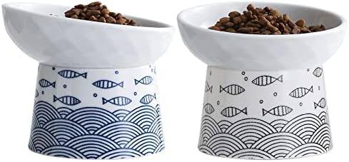  Tilted Ceramic Raised Cat Bowls, 8 OZ Food And Water Bowls Set For Kitty, 5 In Porcelain Elevated Stress Free Feeding Pet Dish, Dishwasher And Microwave Safe (White & Pink)