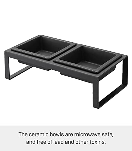  Yamazaki Home Tower Steel And Ceramic Pet Food Stand | 2 Bowls For Food And Water | Feeder For Small Cats And Dogs | Non-Slip - Tall - 1.25 Cups, 300 Milliliters Per Bowl