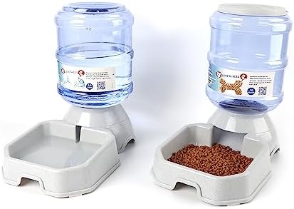  2 Pack Automatic Dog Cat Feeder And Water Dispenser ,Gravity Multi Pet Drinking Fountain , Set With Pet Food Bowl For Medium Dog Puppy Kitten, Big Capacity 1 Gallon X 2 (Waterer+Feeder)