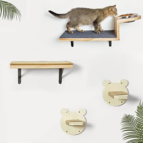  A.FATI Cat Wall Shelf, Wooden Cat Feeding Shelf With 2 Raised Bowls, 15° Tilted Feeding Position, Cat Shelves And Perches For Eating, Playing, Sleeping & Lounging