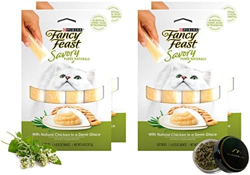  Shadowlish Fancy Feast Savory Purée Naturals In A Demi-Glace - Cat Treats Bundle With A Bonus Shadowlish Reusable Container Of Catnip
