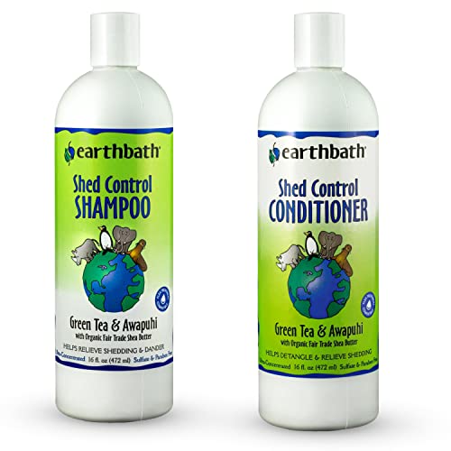  Earthbath Green Tea & Awapuhi Pet Shed Control Shampoo & Conditioner - Helps Relieve Shedding & Dander, Aloe Vera, Shea Butter, Good For Dogs & Cats, Nourish & Detoxify Skin/Coat - 16 Fl Oz, Pack Of 2