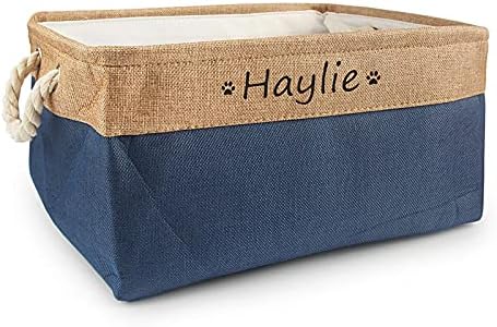  Xingfa Personalized Dog Toy Basket With Name,Custom Dog Toy Basket,Paw Prints Pet Food Storage Container,Dog Toy Box For Small Dogs,New Puppy Supplies (Beige,L 41X32X21cm)