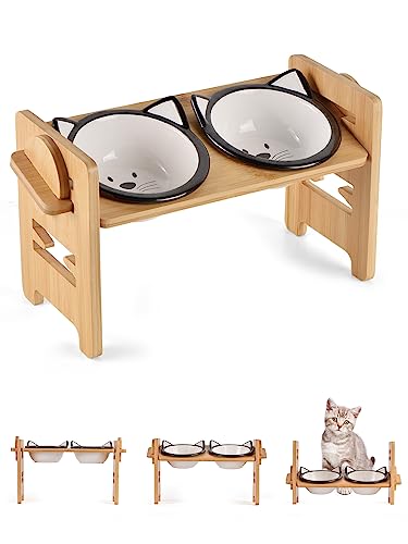  LoeJan 6 Adjustable Heights Elevated Cat Bowls Stand, 15° Tilted Raised Food Feeding Ceramic Dishes With Stand For Small Size Dogs And Cat