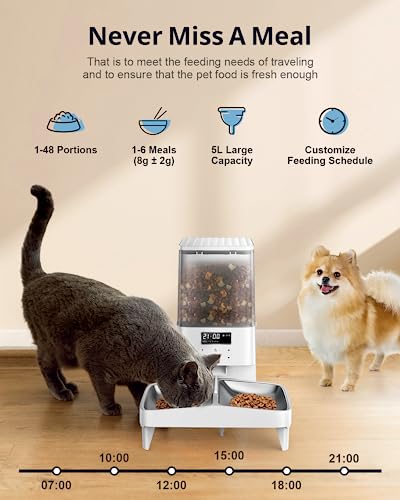  COKBER Automatic Cat Feeders For Two Cats,5L Timed Automatic Pet Feeder With Anti-Stuck Design And Double Bowls, Dry Food Dispenser With Panel Control For 1-2 Cats And Small Dogs,Dual Power Supply