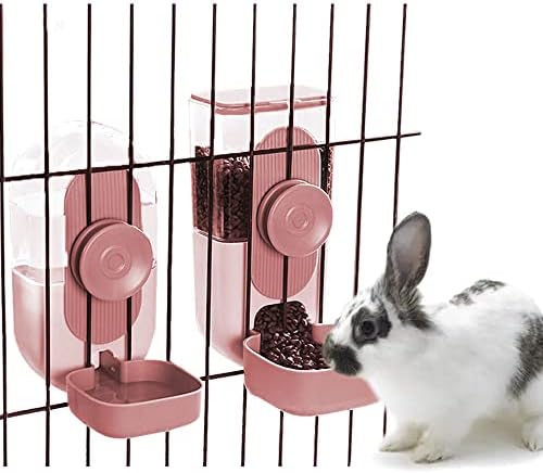  Gravity Rabbit Feeder And Water Dispenser Set, Hanging Automatic Cat Food And Water Dispenser Food Bowl For Bunny Guinea Pig Ferret (Pink)