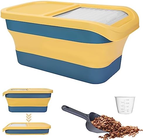  Yummy Sam Collapsible Dog Food Storage Container, 10-20 LB Large Capacity Pet Food Container Bin With Lids, Airtight Cat Food Containers Foldable Kitchen Rice Storage With Measuring Cup Scoop (Yellow)