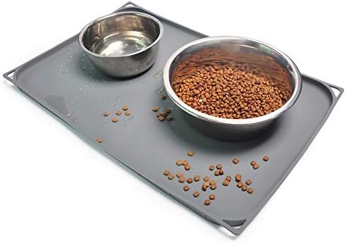  Gosmol Dog Food Mat 24 X 16 Inch, 0.5 Inch Raised Edge Waterproof Pet Dog Food Tray, Washable Dog Bowl Mat, Nonslip Pet Dog Feeding Mat, Silicone Dog Placemat For Floors