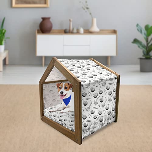  Lunarable Food Wooden Pet House, Monochrome Traditional Cuisine Noodle Dish In Bowl With Chopsticks, Outdoor & Indoor Portable Dog Kennel With Pillow And Cover, Small, Charcoal Grey And White
