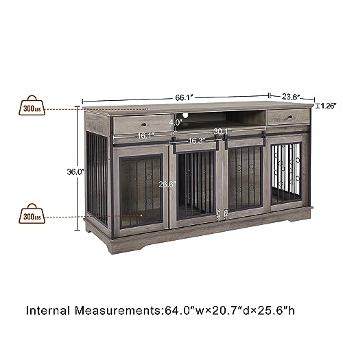  Tmsan Large Dog Crate Furniture, 66" Heavy Duty Wood Dog Kennel With Divider & Drawers, Indoor Dog House Cage For 2 Medium Dogs, End Table TV Stand