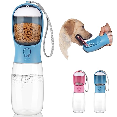  Kytely Dog Water Bottle 2 In 1, Portable Pet Water Bottle With Food Container, Leak Proof Puppy Water Dispenser With Drinking Feeder For Pets Outdoor Walking, Hiking, Puppy Essentials (19oz Blue)