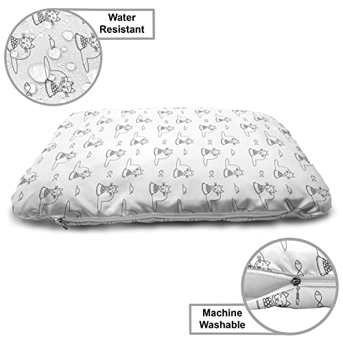  Lunarable Cat Wooden Pet House, Monochrome Doodle Style Feline Pattern With A Bowl Of Food Fish And Mouse Design, Outdoor & Indoor Portable Dog Kennel With Pillow And Cover, Small, Black And White