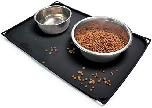  Gosmol Dog Food Mat 24 X 16 Inch, 0.5 Inch Raised Edge Waterproof Pet Dog Food Tray, Washable Dog Bowl Mat, Nonslip Pet Dog Feeding Mat, Silicone Dog Placemat For Floors