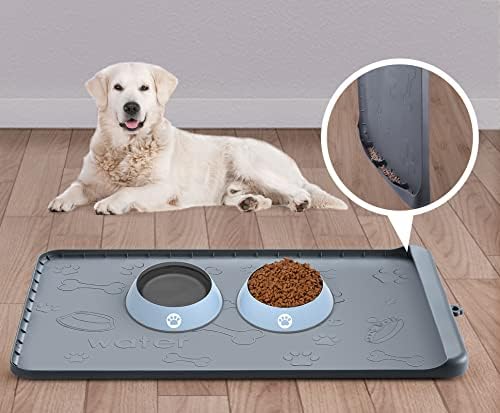  Dog Food Mat - Dog Feeding Mats For Food And Water - 36" X 24" Extra Large Cat Dog Bowl Mat With Pocket For Catches Spill And Residue - Silicone Non Slip Pet Mat With 0.75" High Edges Anti-bite