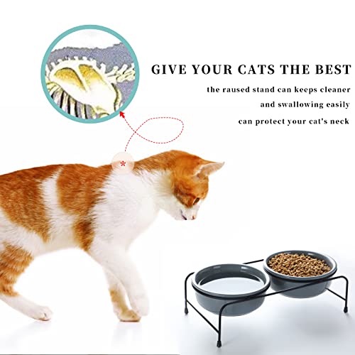  GDCZ Porcelain Raised Cat Or Small Dog Bowls With Heighten Metal Stand And Non-Slip Bottom For Pet Food And Water Dishes, 15 Ounces (Grey)