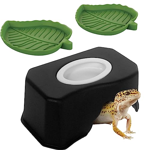  WAYUTO Reptile Hideout With Removable Sink Basin Reptile Hide Cave And 2pcs Leaf Reptile Food Dishes Water Bowl Reptile Feeding Plate For Lizards Geckos Snakes Turtles